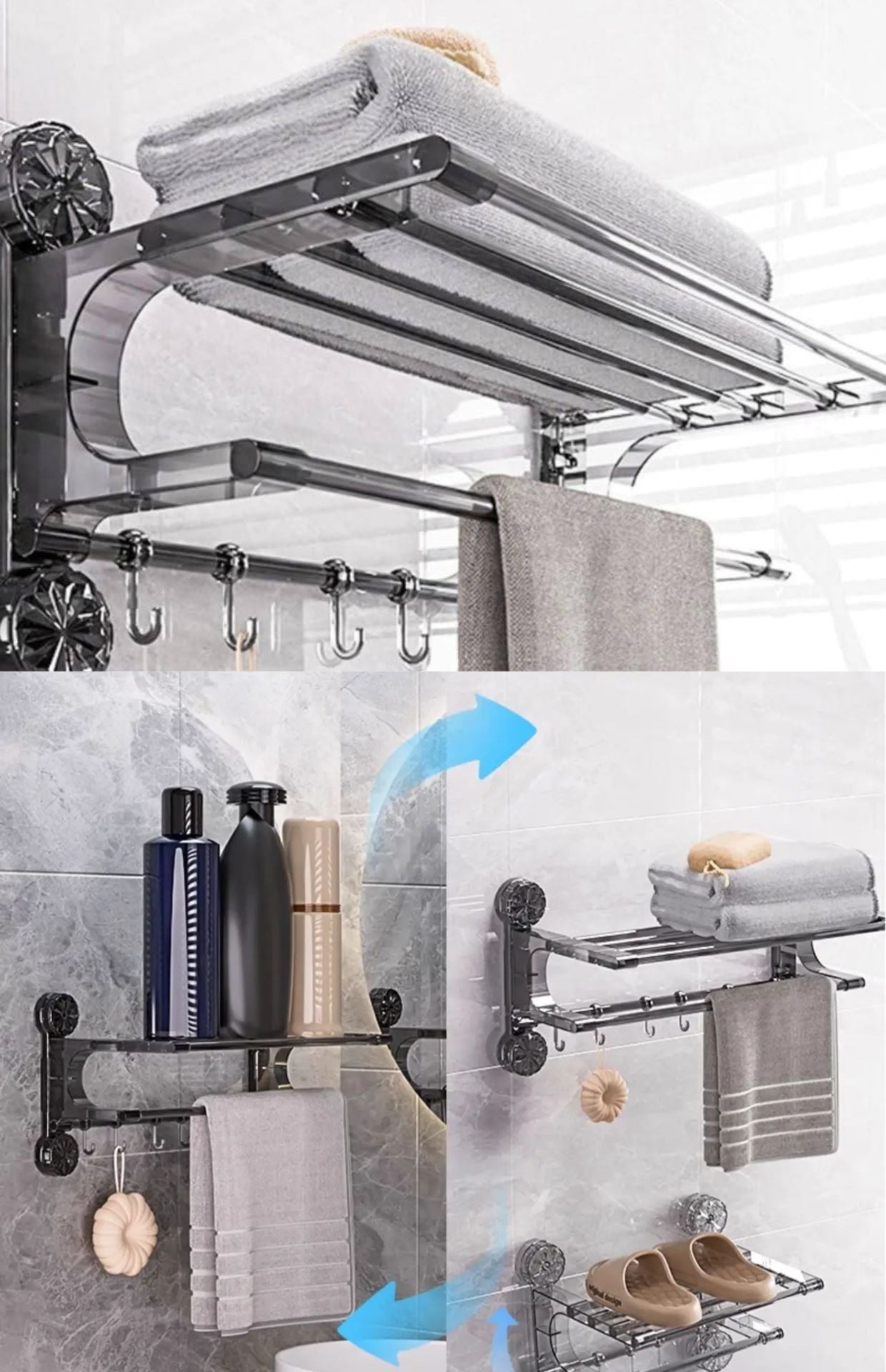 Porte-serviettes Ventouse 2-en-1 – Étagère & Rangement